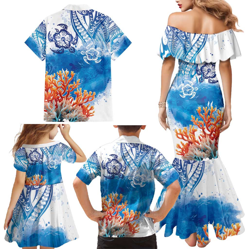 Hibiscus Turtle Tattoo Coral Reef Family Matching Mermaid Dress and Hawaiian Shirt with Polynesian Tribal