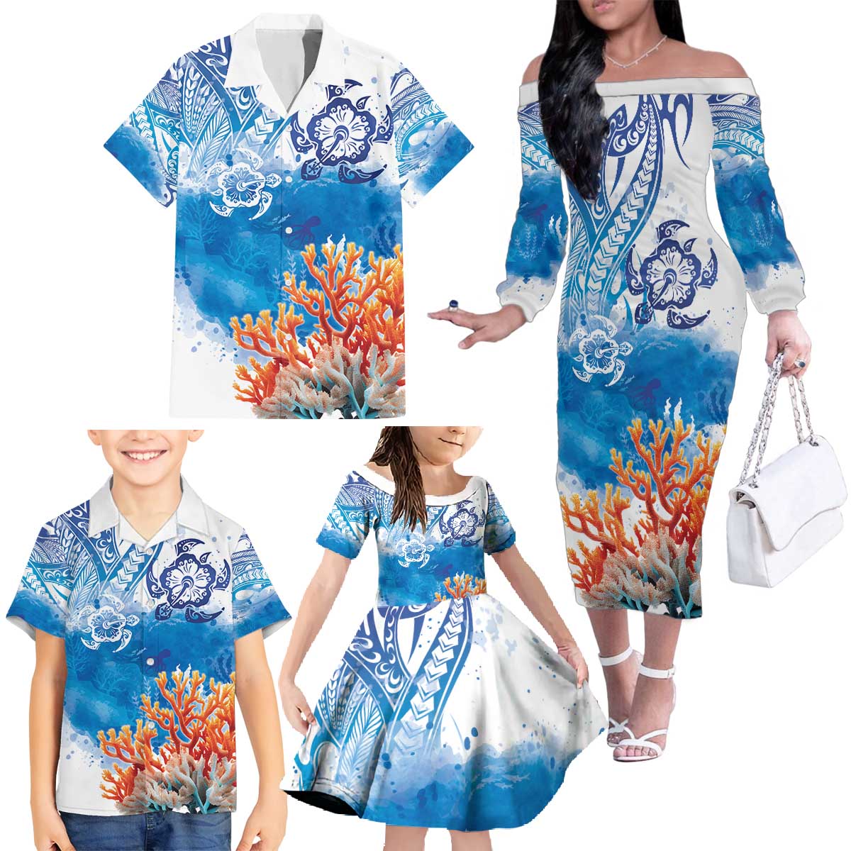 Hibiscus Turtle Tattoo Coral Reef Family Matching Off The Shoulder Long Sleeve Dress and Hawaiian Shirt with Polynesian Tribal