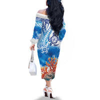 Hibiscus Turtle Tattoo Coral Reef Family Matching Off The Shoulder Long Sleeve Dress and Hawaiian Shirt with Polynesian Tribal