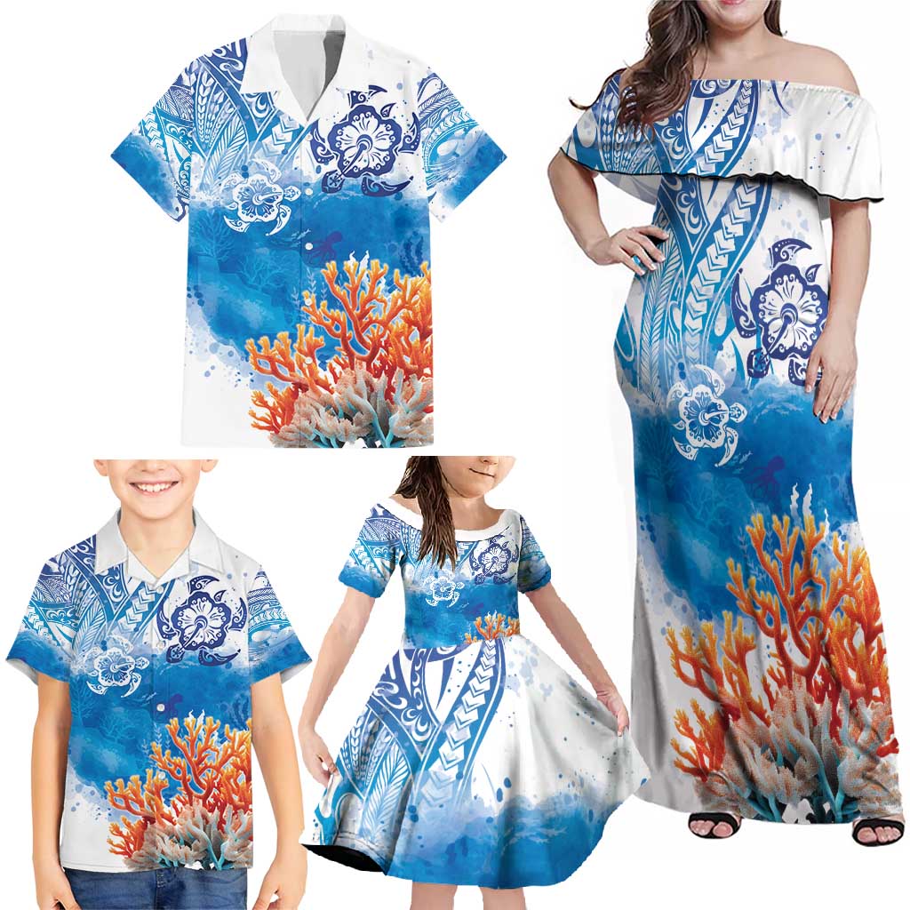 Hibiscus Turtle Tattoo Coral Reef Family Matching Off Shoulder Maxi Dress and Hawaiian Shirt with Polynesian Tribal