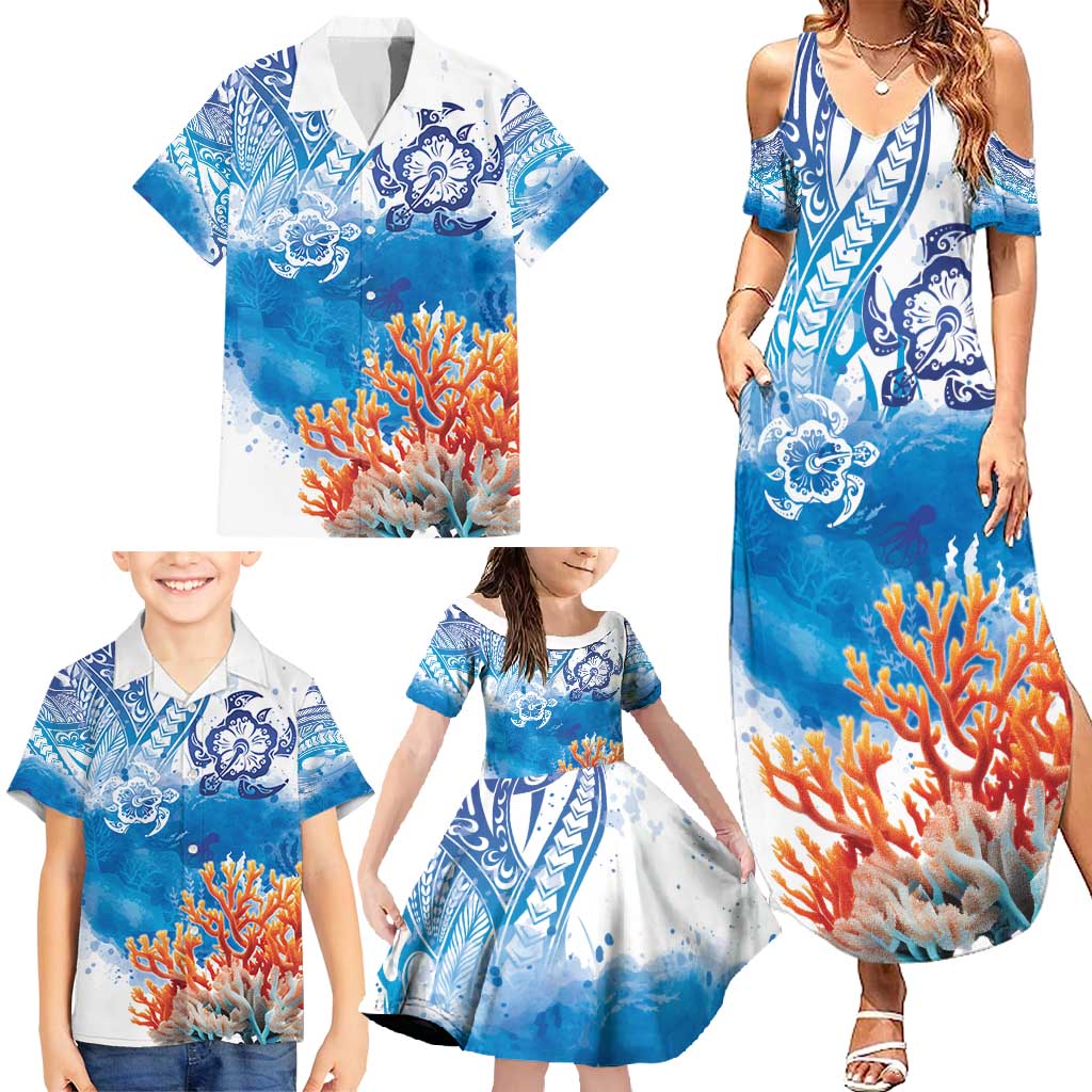 Hibiscus Turtle Tattoo Coral Reef Family Matching Summer Maxi Dress and Hawaiian Shirt with Polynesian Tribal