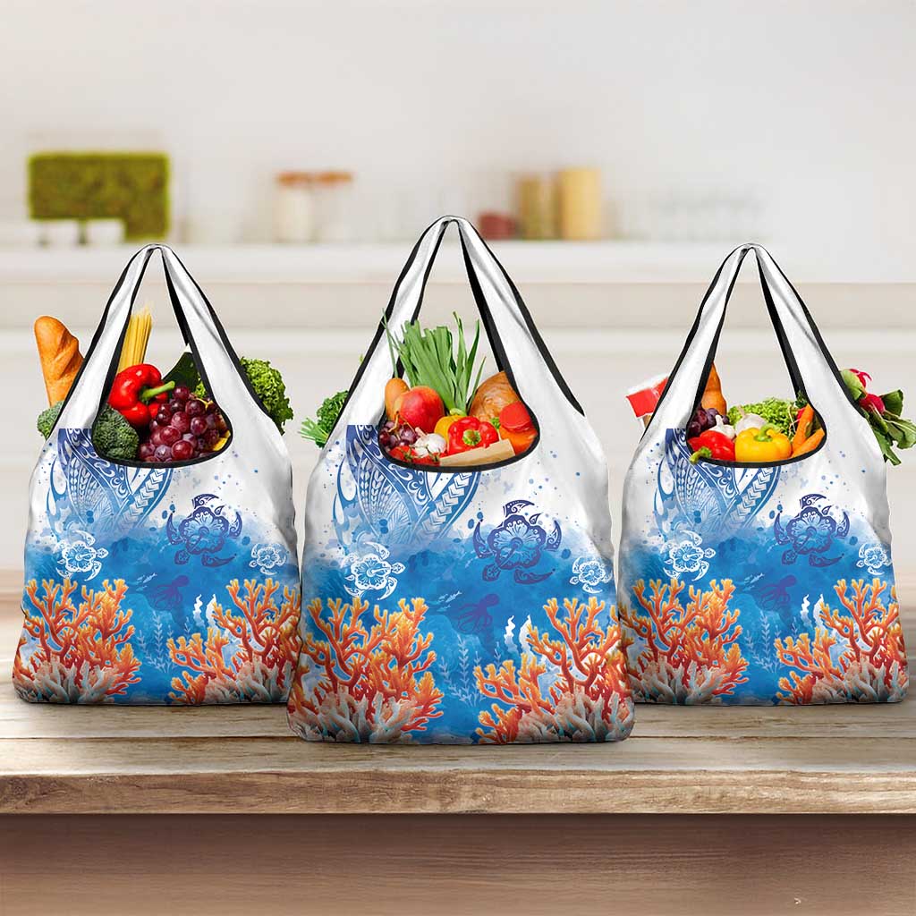Hibiscus Turtle Tattoo Coral Reef Grocery Bag with Polynesian Tribal LT9 3-pack One Size White - Polynesian Pride