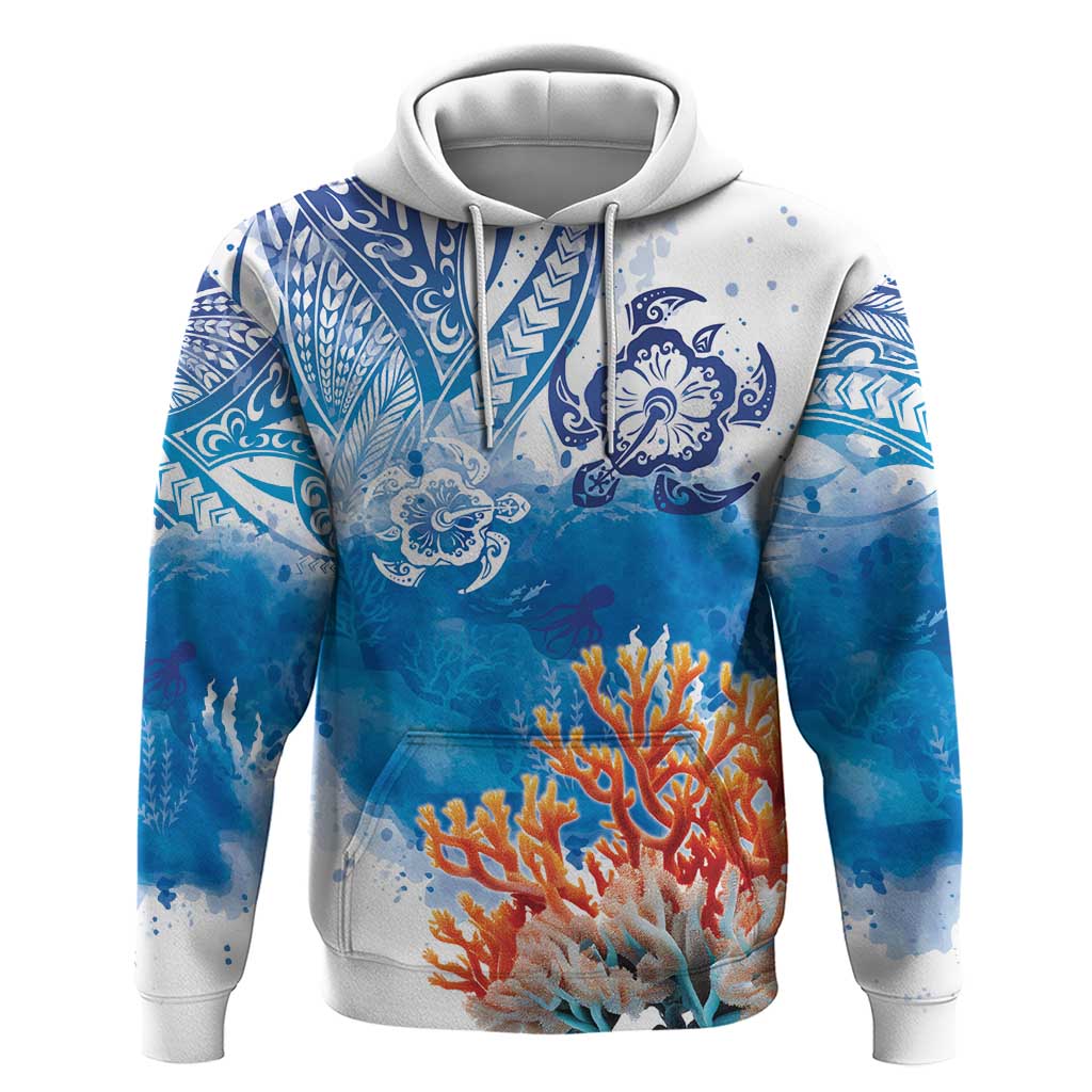 Hibiscus Turtle Tattoo Coral Reef Hoodie with Polynesian Tribal LT9 Pullover Hoodie White - Polynesian Pride