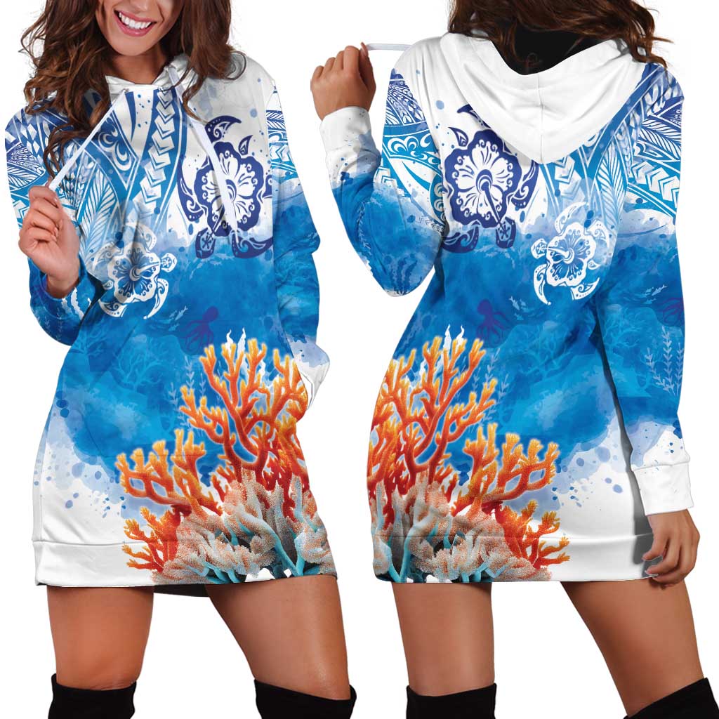 Hibiscus Turtle Tattoo Coral Reef Hoodie Dress with Polynesian Tribal LT9 - Polynesian Pride