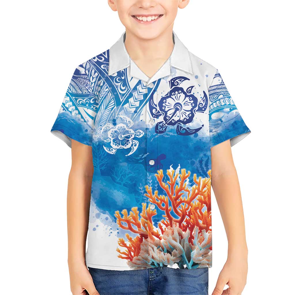Hibiscus Turtle Tattoo Coral Reef Kid Hawaiian Shirt with Polynesian Tribal