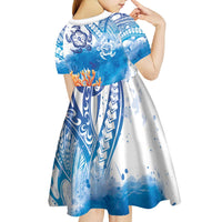 Hibiscus Turtle Tattoo Coral Reef Kid Short Sleeve Dress with Polynesian Tribal
