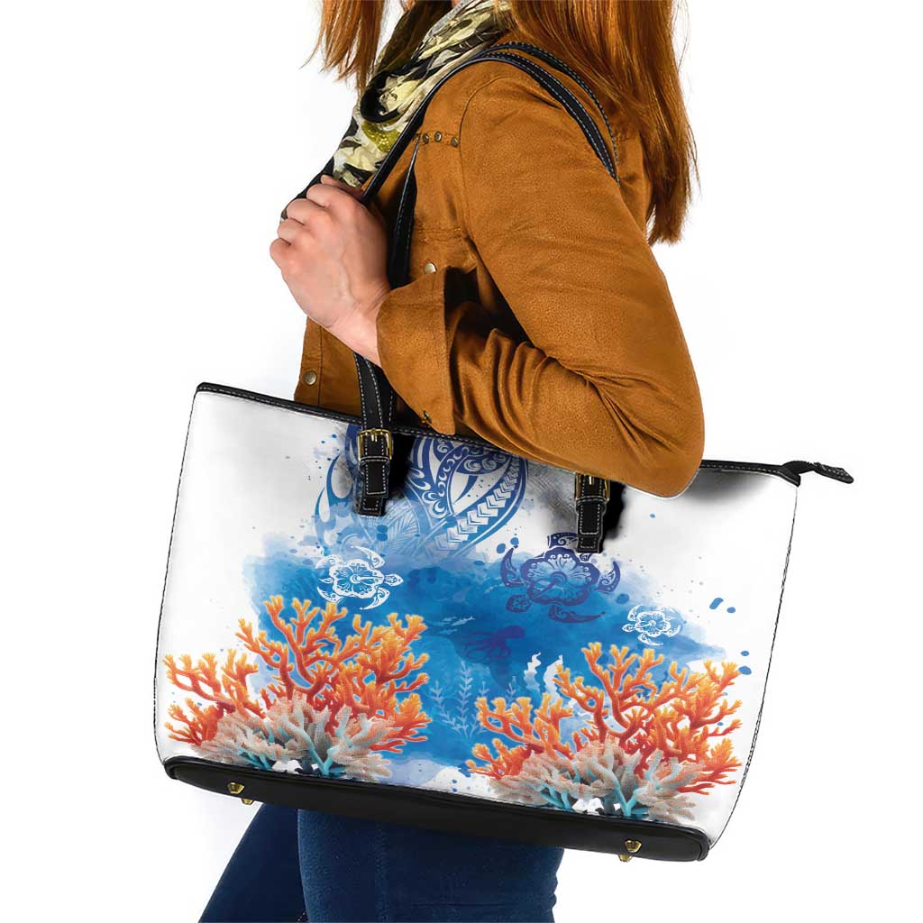 Hibiscus Turtle Tattoo Coral Reef Leather Tote Bag with Polynesian Tribal LT9 White - Polynesian Pride