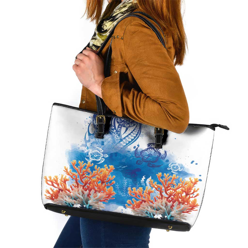 Hibiscus Turtle Tattoo Coral Reef Leather Tote Bag with Polynesian Tribal