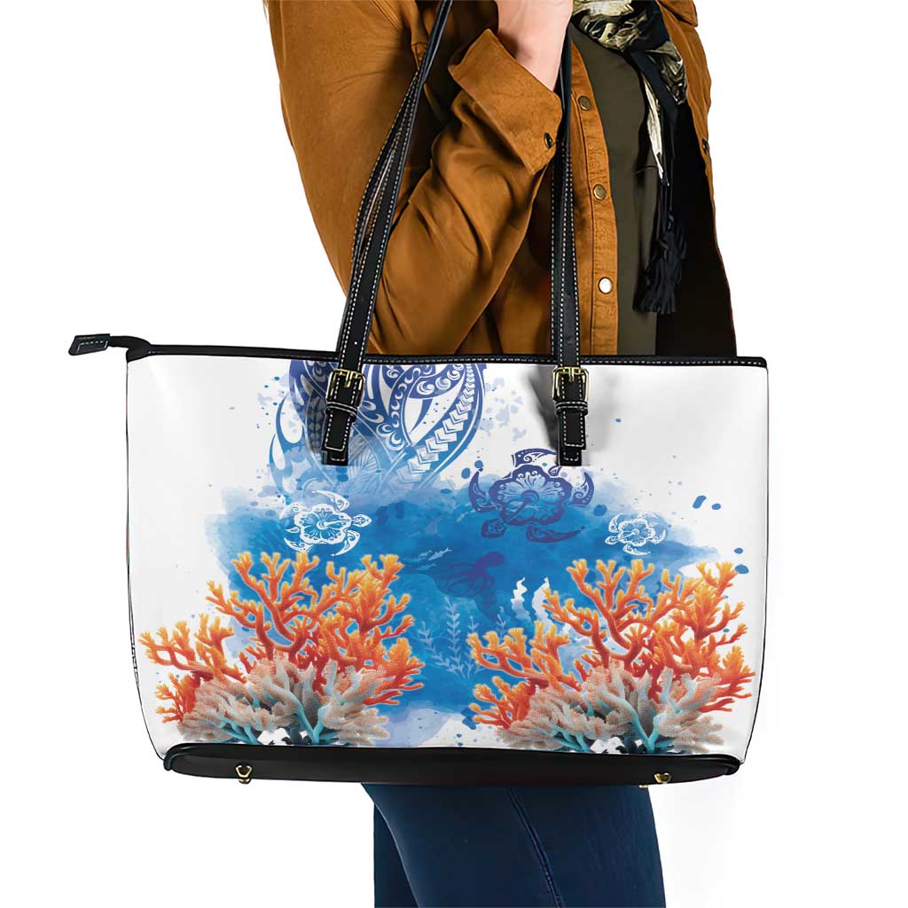 Hibiscus Turtle Tattoo Coral Reef Leather Tote Bag with Polynesian Tribal LT9 - Polynesian Pride