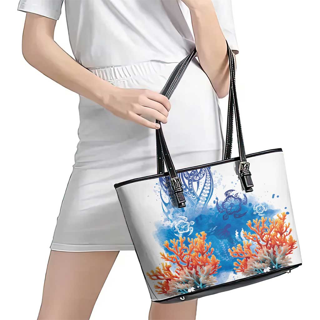 Hibiscus Turtle Tattoo Coral Reef Leather Tote Bag with Polynesian Tribal LT9 - Polynesian Pride