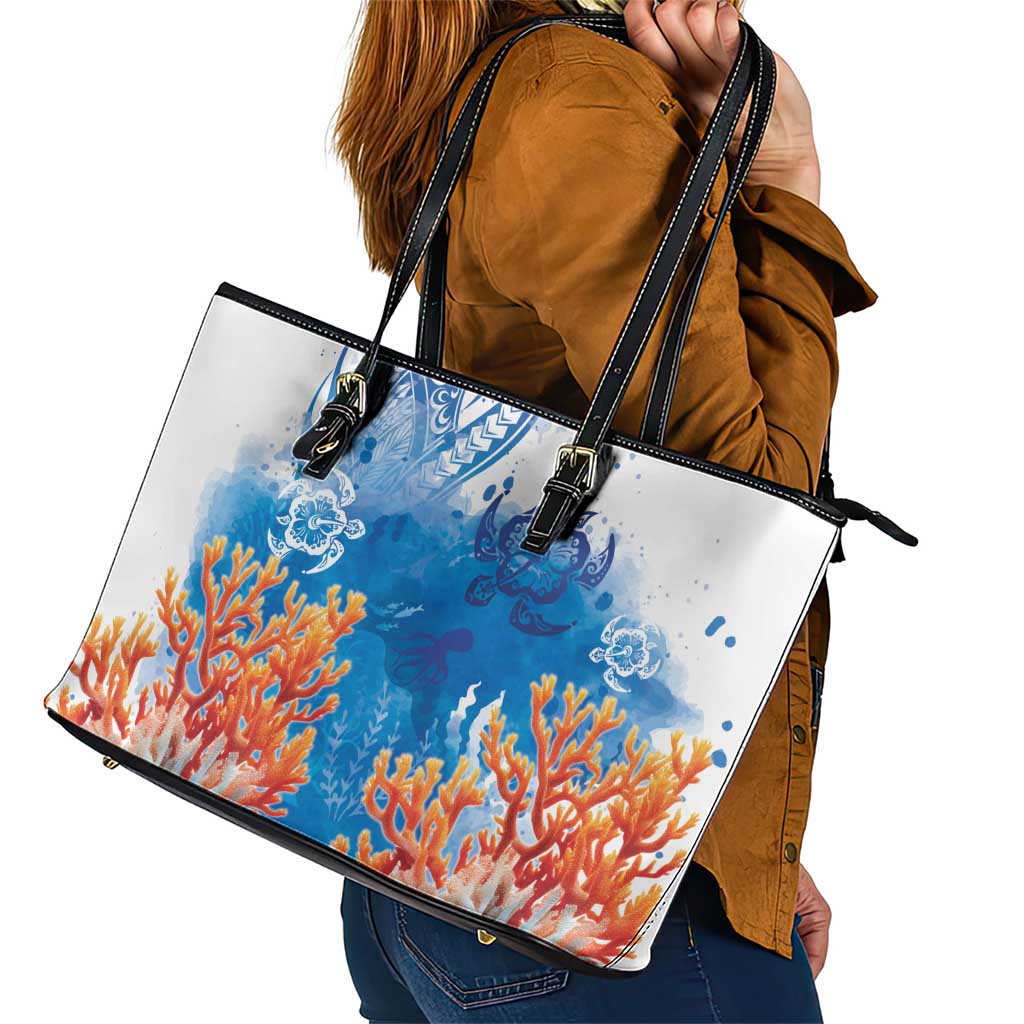Hibiscus Turtle Tattoo Coral Reef Leather Tote Bag with Polynesian Tribal LT9 - Polynesian Pride