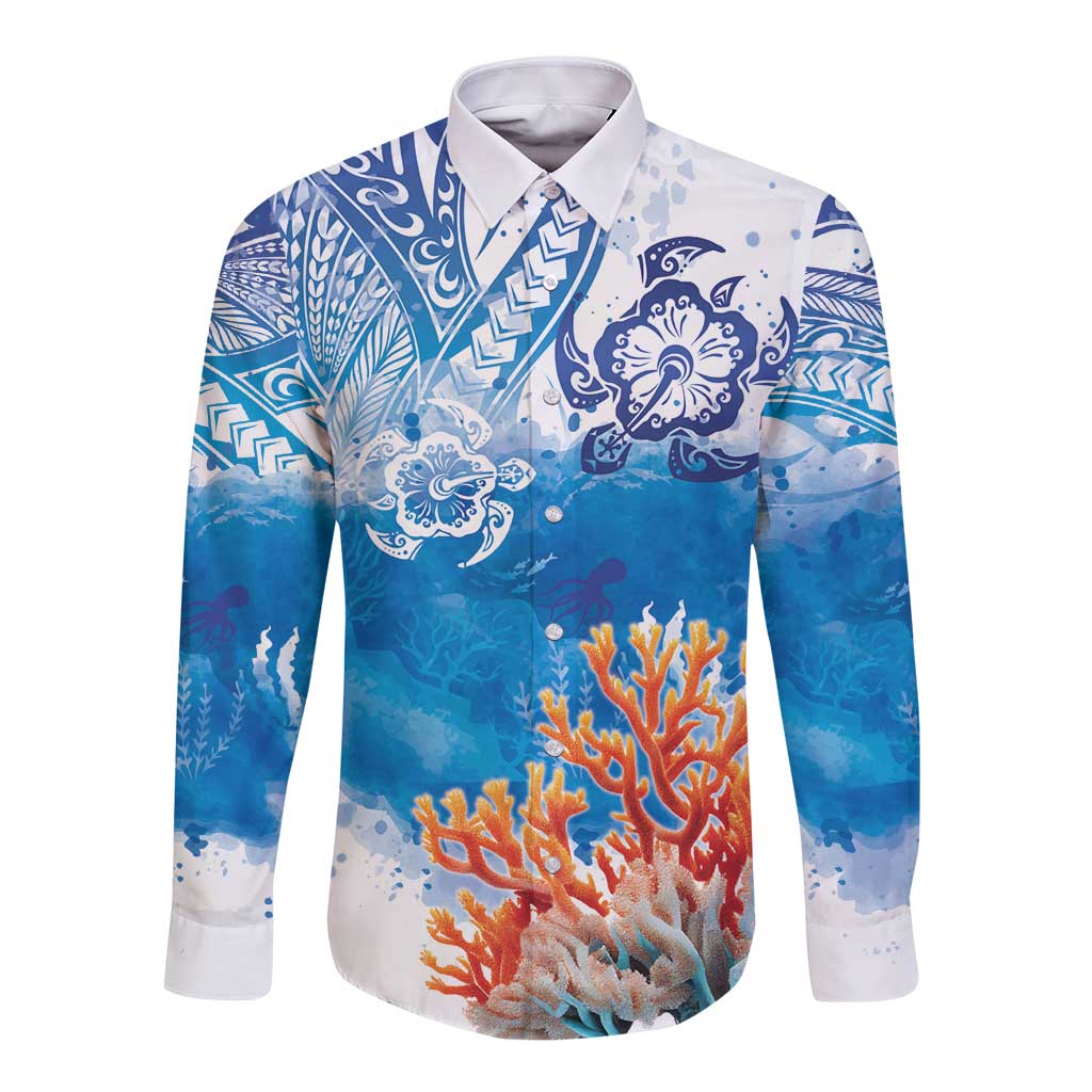 Hibiscus Turtle Tattoo Coral Reef Long Sleeve Button Shirt with Polynesian Tribal