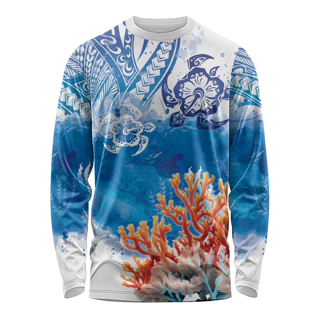 Hibiscus Turtle Tattoo Coral Reef Long Sleeve Shirt with Polynesian Tribal