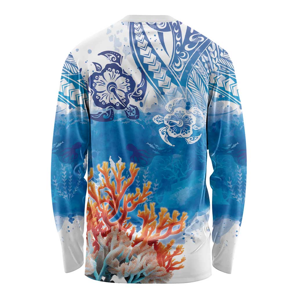 Hibiscus Turtle Tattoo Coral Reef Long Sleeve Shirt with Polynesian Tribal