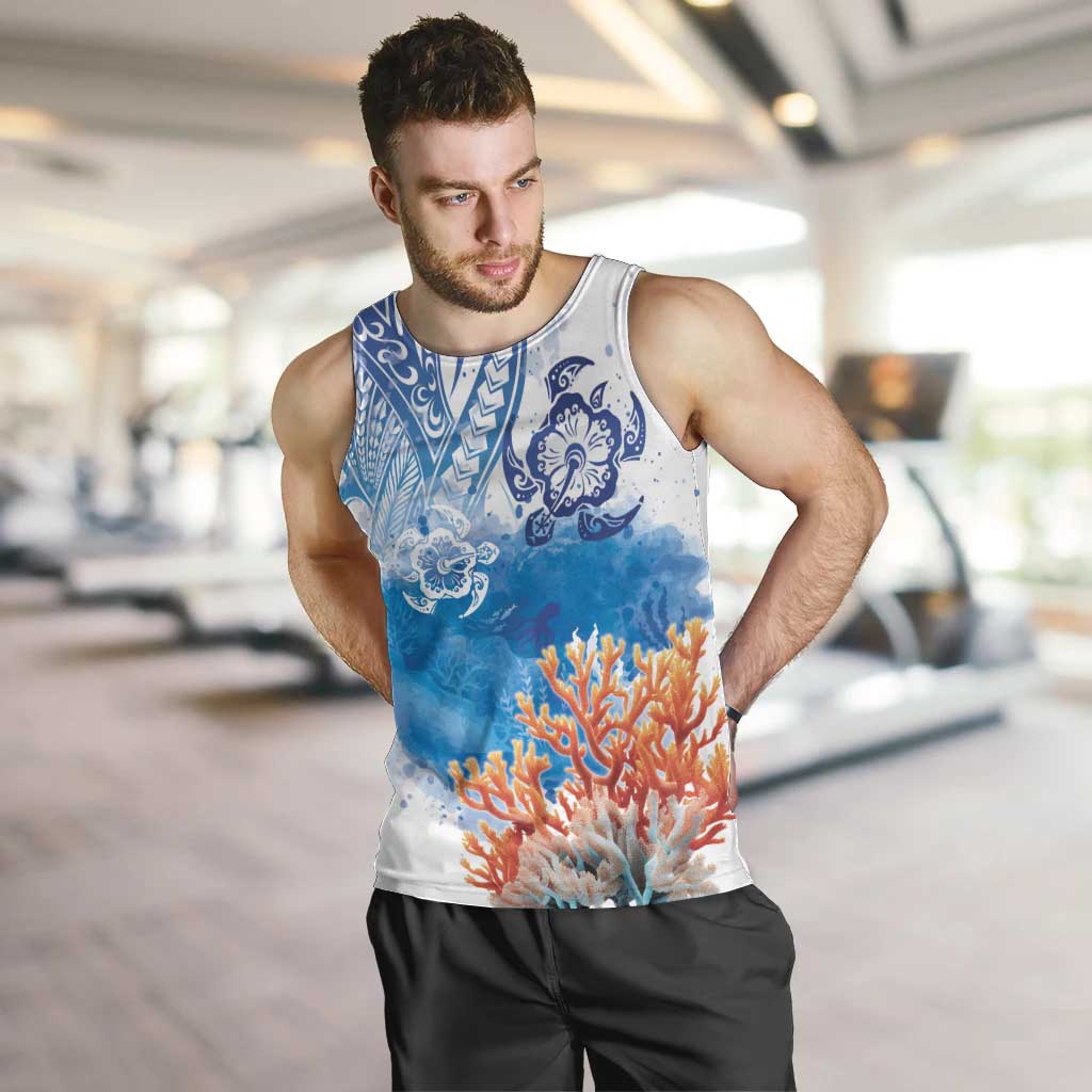 Hibiscus Turtle Tattoo Coral Reef Men Tank Top with Polynesian Tribal LT9 White - Polynesian Pride
