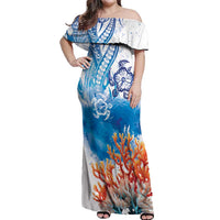 Hibiscus Turtle Tattoo Coral Reef Off Shoulder Maxi Dress with Polynesian Tribal LT9 Women White - Polynesian Pride