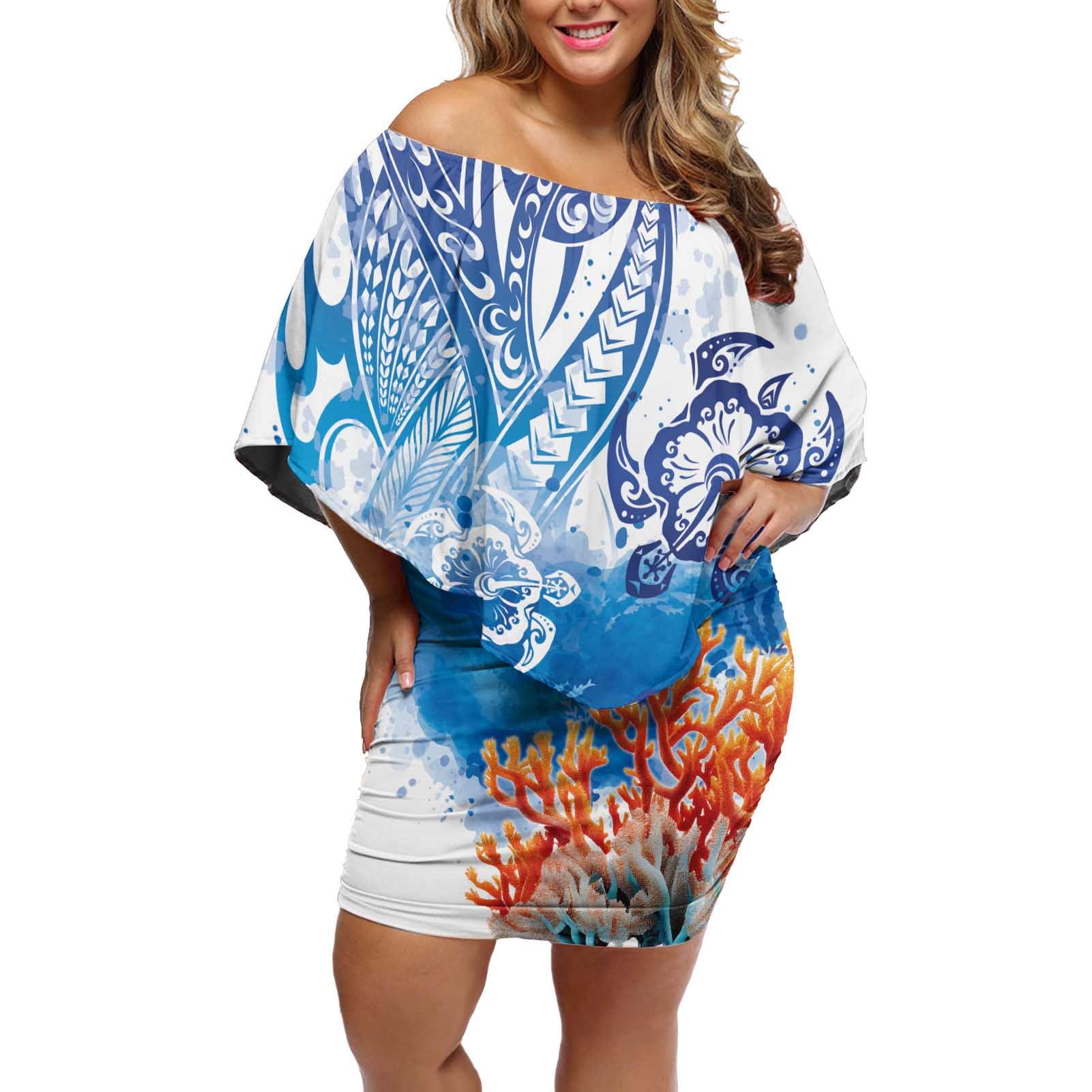 Hibiscus Turtle Tattoo Coral Reef Off Shoulder Short Dress with Polynesian Tribal