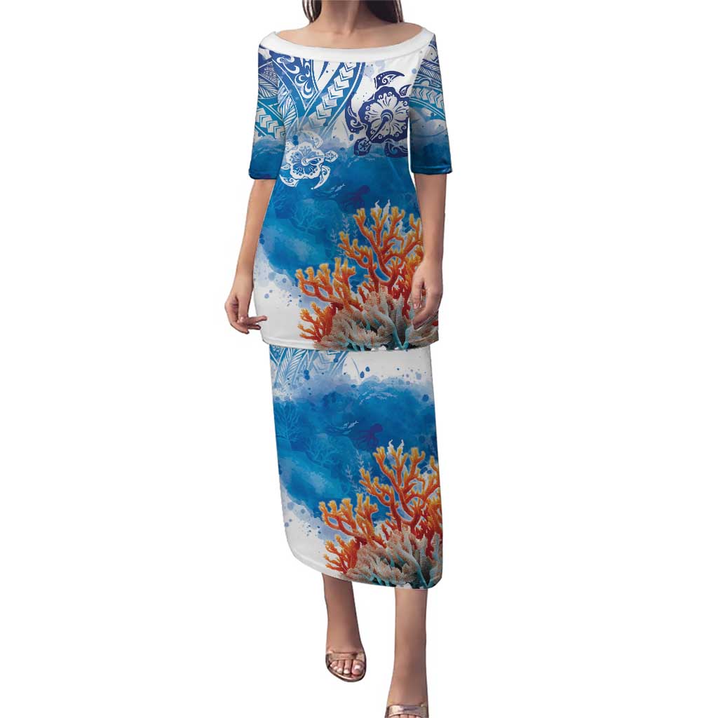 Hibiscus Turtle Tattoo Coral Reef Puletasi with Polynesian Tribal LT9 Long Dress White - Polynesian Pride