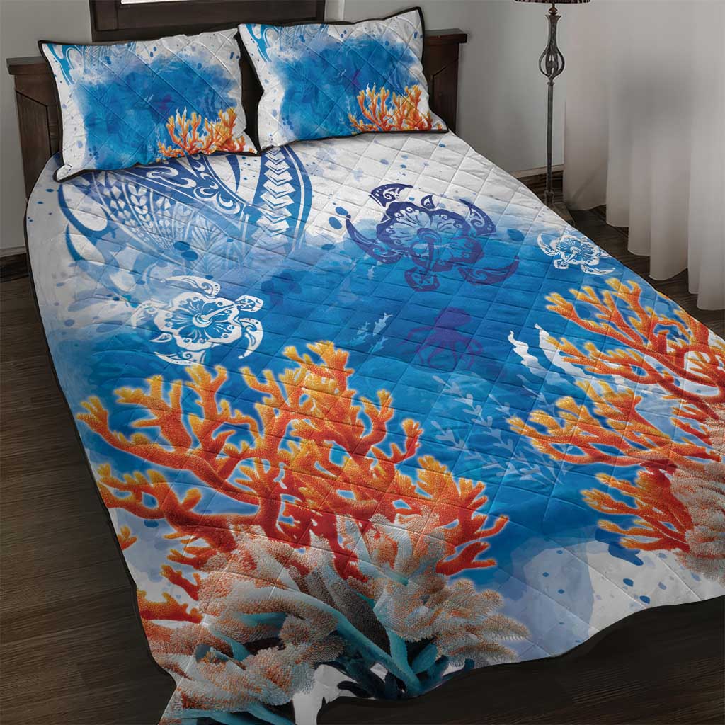 Hibiscus Turtle Tattoo Coral Reef Quilt Bed Set with Polynesian Tribal LT9 White - Polynesian Pride