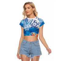 Hibiscus Turtle Tattoo Coral Reef Raglan Cropped T Shirt with Polynesian Tribal LT9 Female White - Polynesian Pride
