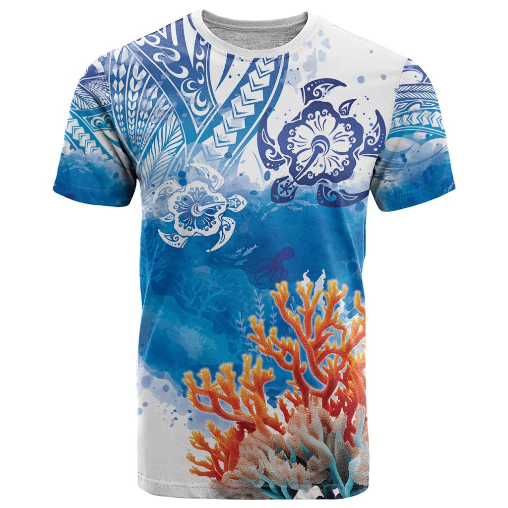 Hibiscus Turtle Tattoo Coral Reef T Shirt with Polynesian Tribal LT9 White - Polynesian Pride