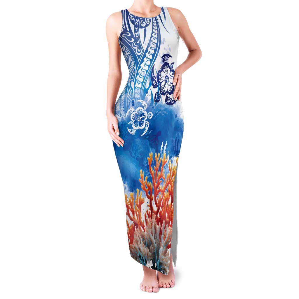 Hibiscus Turtle Tattoo Coral Reef Tank Maxi Dress with Polynesian Tribal LT9 Women White - Polynesian Pride