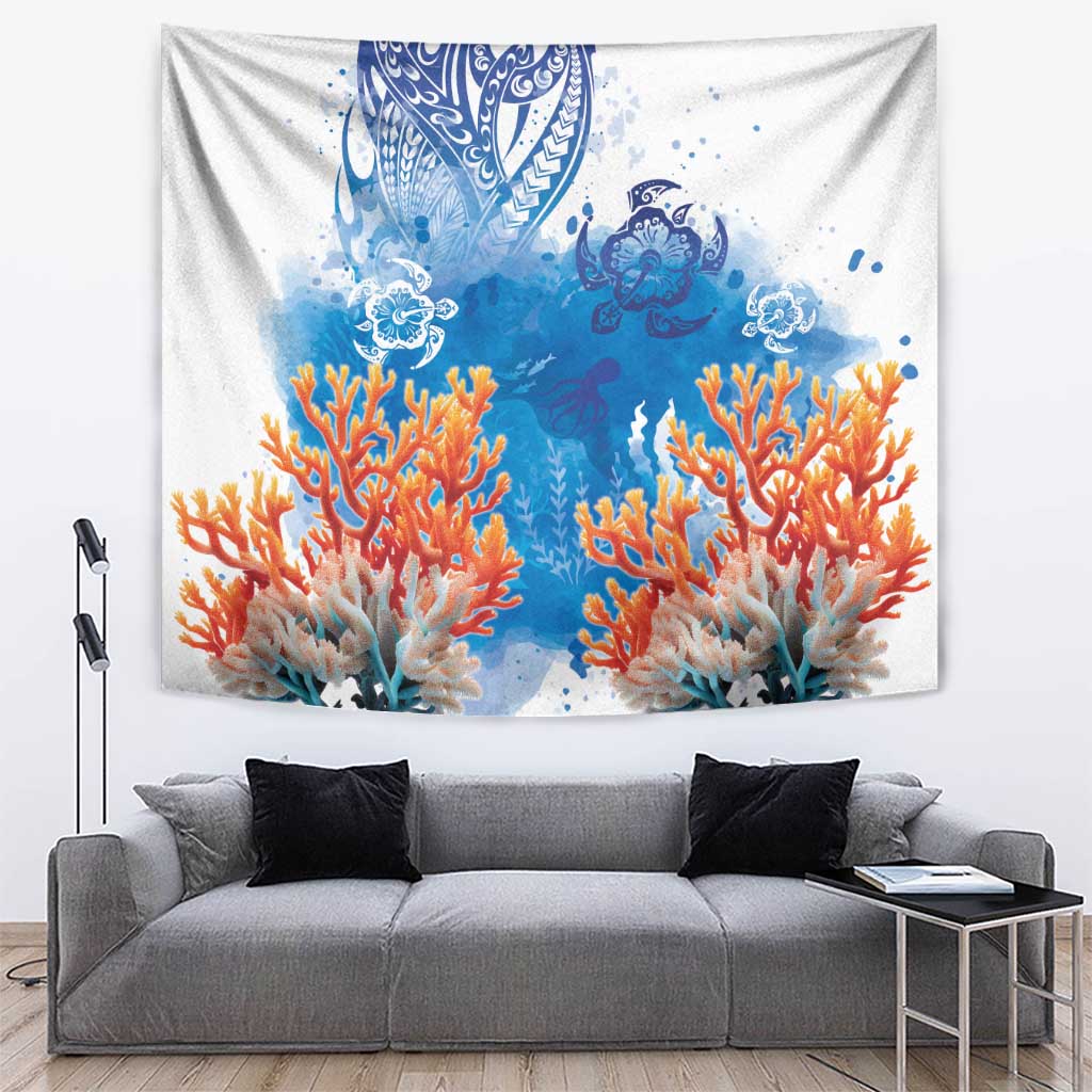 Hibiscus Turtle Tattoo Coral Reef Tapestry with Polynesian Tribal