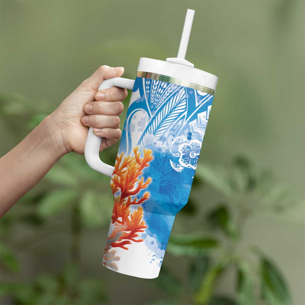 Hibiscus Turtle Tattoo Coral Reef Tumbler With Handle with Polynesian Tribal LT9 - Polynesian Pride