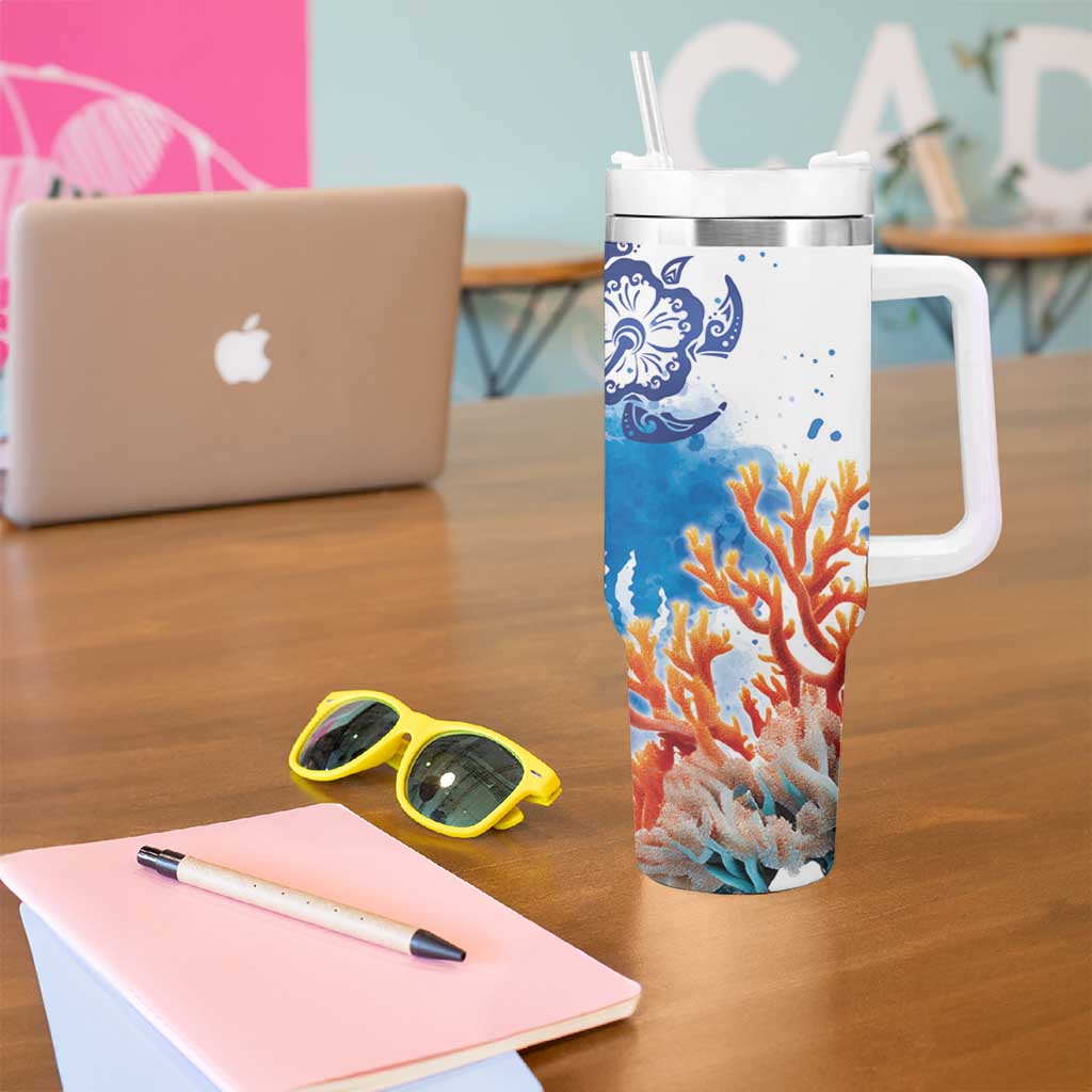 Hibiscus Turtle Tattoo Coral Reef Tumbler With Handle with Polynesian Tribal LT9 - Polynesian Pride