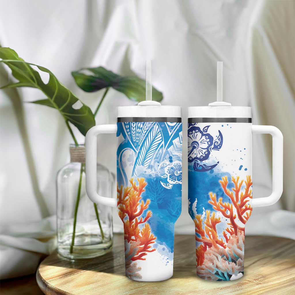 Hibiscus Turtle Tattoo Coral Reef Tumbler With Handle with Polynesian Tribal LT9 - Polynesian Pride