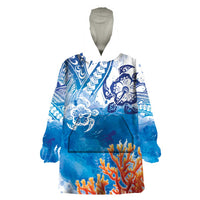 Hibiscus Turtle Tattoo Coral Reef Wearable Blanket Hoodie with Polynesian Tribal LT9 One Size White - Polynesian Pride