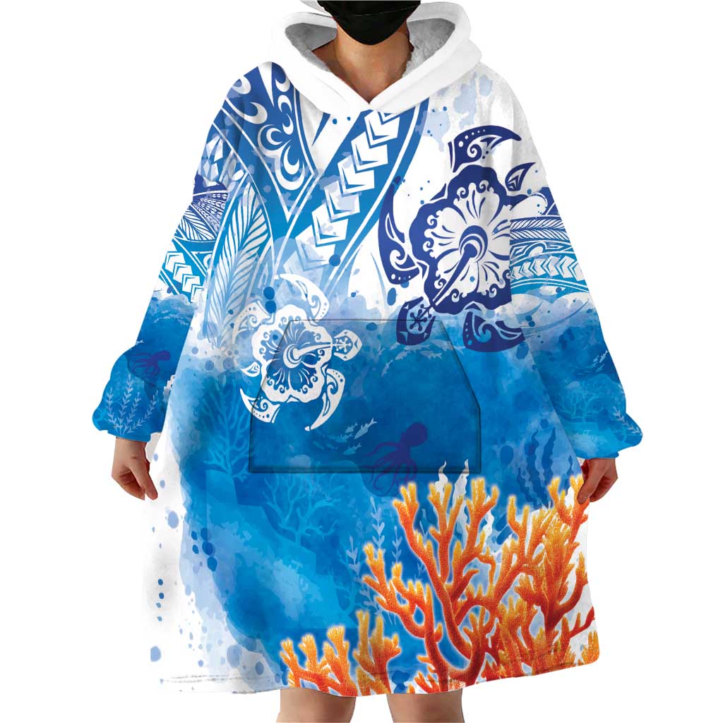 Hibiscus Turtle Tattoo Coral Reef Wearable Blanket Hoodie with Polynesian Tribal LT9 - Polynesian Pride