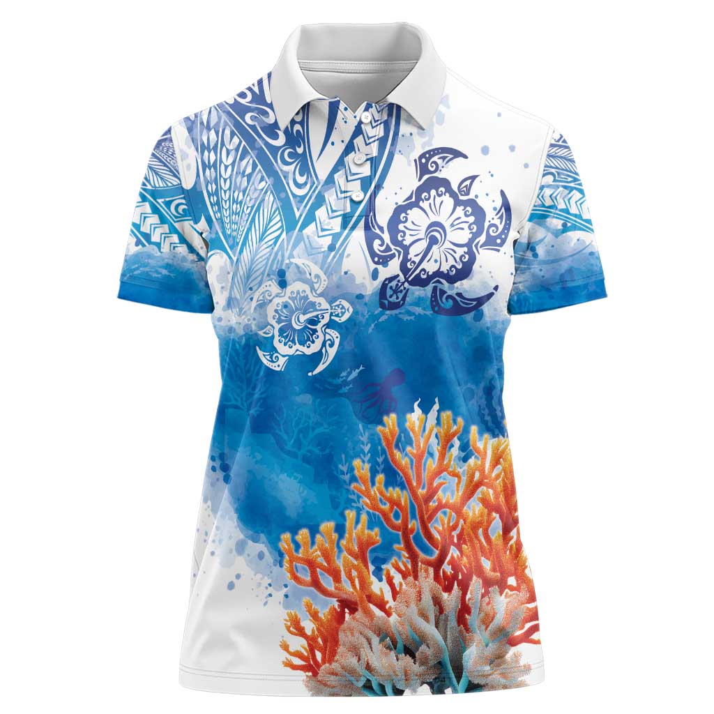 Hibiscus Turtle Tattoo Coral Reef Women Polo Shirt with Polynesian Tribal