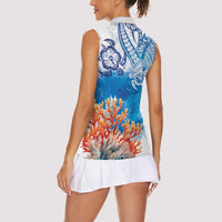 Hibiscus Turtle Tattoo Coral Reef Women Sleeveless Polo Shirt with Polynesian Tribal