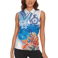 Hibiscus Turtle Tattoo Coral Reef Women Sleeveless Polo Shirt with Polynesian Tribal
