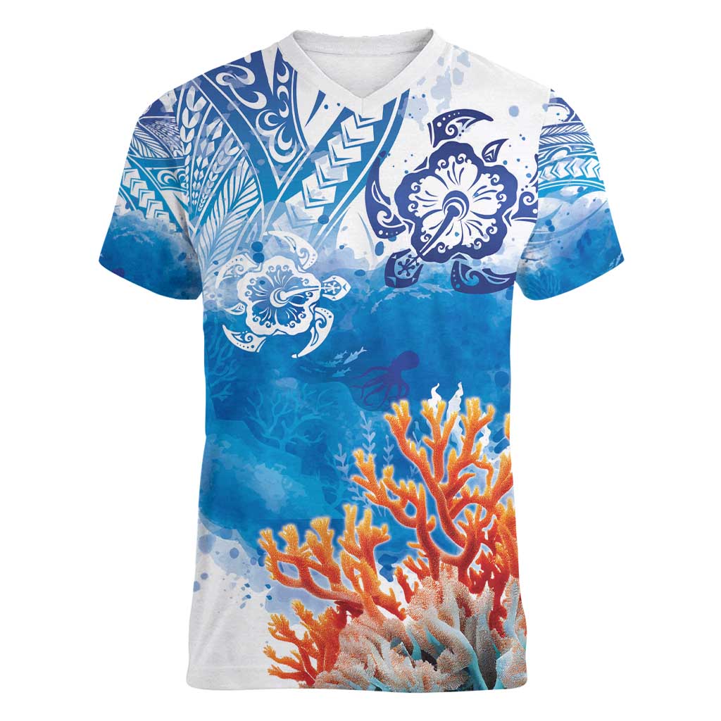 Hibiscus Turtle Tattoo Coral Reef Women V-Neck T-Shirt with Polynesian Tribal LT9 Female White - Polynesian Pride