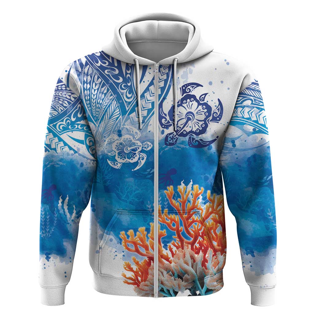 Hibiscus Turtle Tattoo Coral Reef Zip Hoodie with Polynesian Tribal