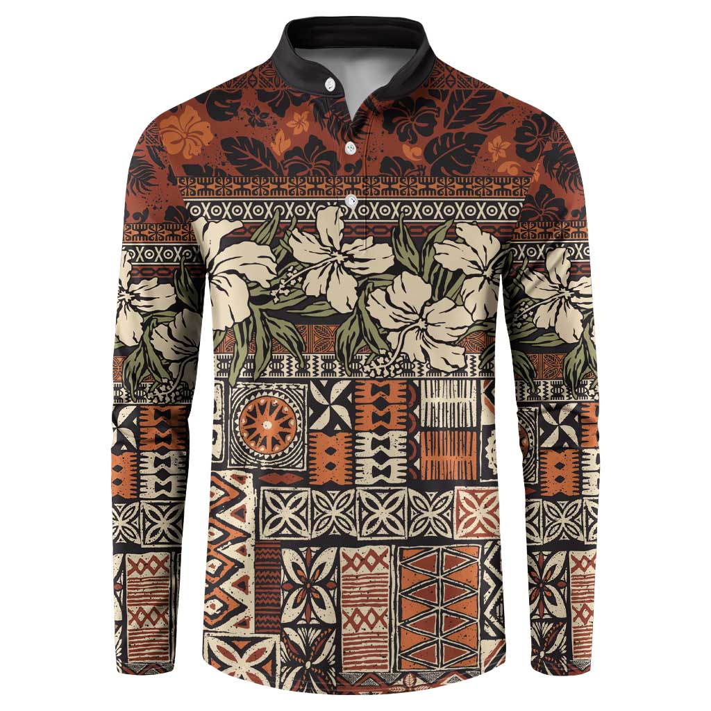 Pacific Hibiscus Tapa Tribal Vintage Button Sweatshirt Brown Motif LT9 Brown - Polynesian Pride