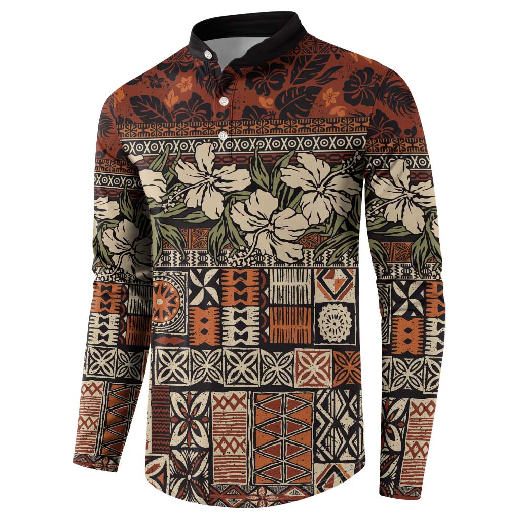 Pacific Hibiscus Tapa Tribal Vintage Button Sweatshirt Brown Motif LT9 - Polynesian Pride