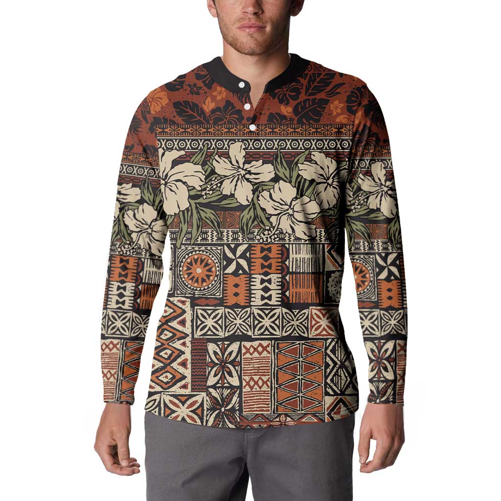 Pacific Hibiscus Tapa Tribal Vintage Button Sweatshirt Brown Motif LT9 - Polynesian Pride