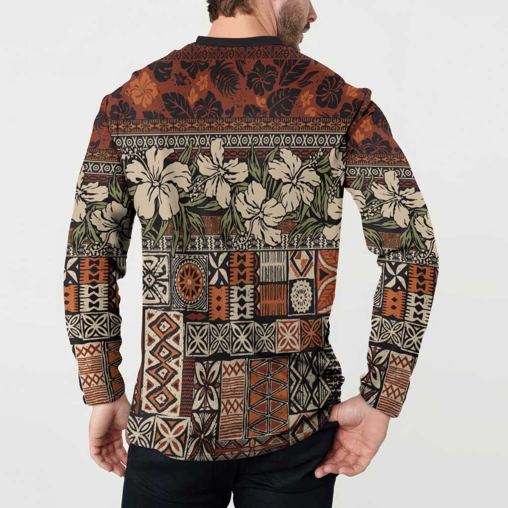 Pacific Hibiscus Tapa Tribal Vintage Button Sweatshirt Brown Motif LT9 - Polynesian Pride