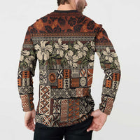 Pacific Hibiscus Tapa Tribal Vintage Button Sweatshirt Brown Motif LT9 - Polynesian Pride