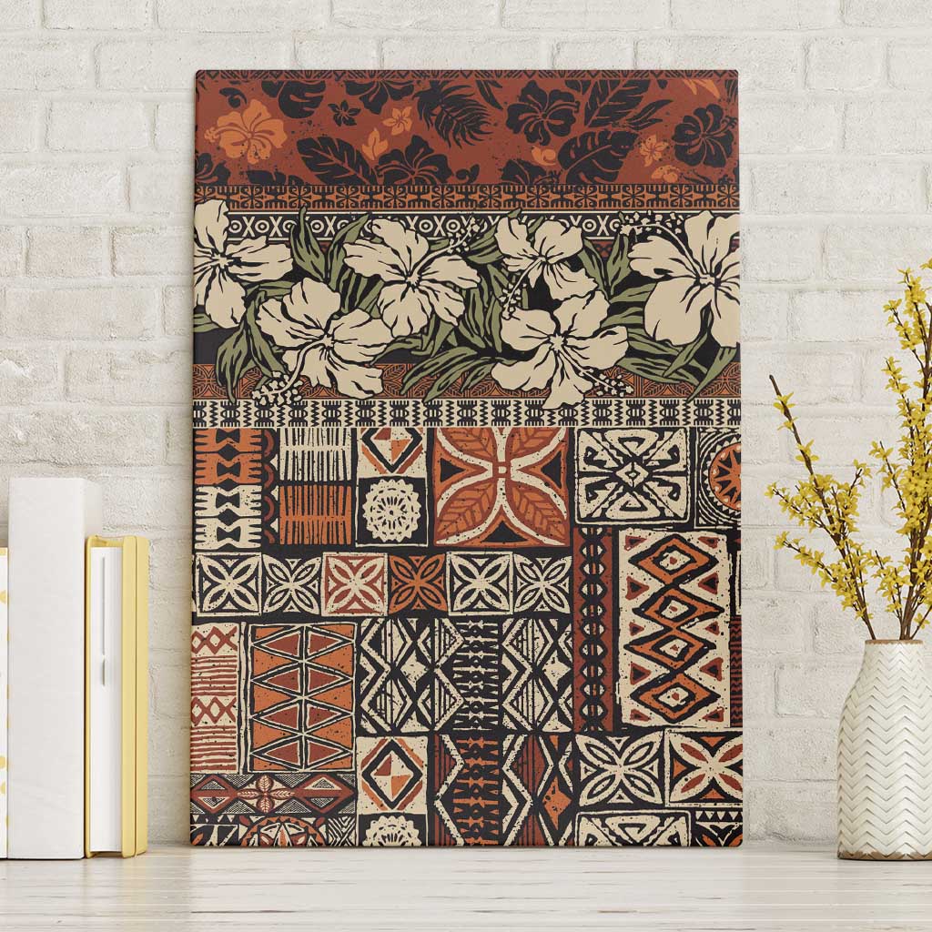 Pacific Hibiscus Tapa Tribal Vintage Canvas Wall Art Brown Motif