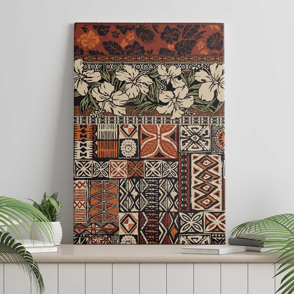 Pacific Hibiscus Tapa Tribal Vintage Canvas Wall Art Brown Motif LT9 - Polynesian Pride