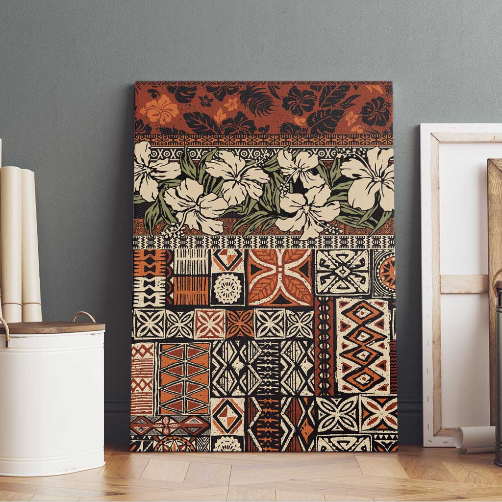 Pacific Hibiscus Tapa Tribal Vintage Canvas Wall Art Brown Motif LT9 - Polynesian Pride