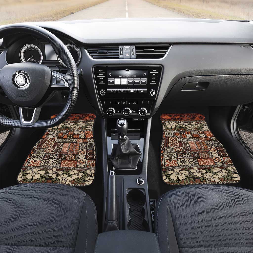 Pacific Hibiscus Tapa Tribal Vintage Car Mats Brown Motif LT9 Set 2pcs - Front Brown - Polynesian Pride