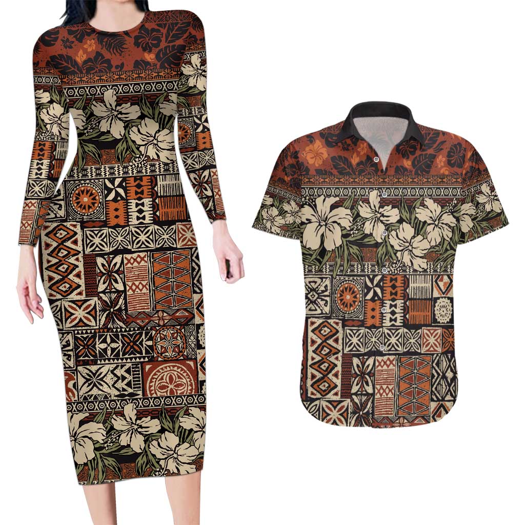 Pacific Hibiscus Tapa Tribal Vintage Couples Matching Long Sleeve Bodycon Dress and Hawaiian Shirt Brown Motif