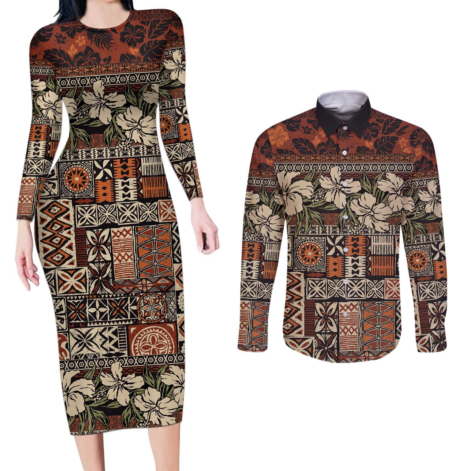 Pacific Hibiscus Tapa Tribal Vintage Couples Matching Long Sleeve Bodycon Dress and Long Sleeve Button Shirt Brown Motif LT9 Brown - Polynesian Pride