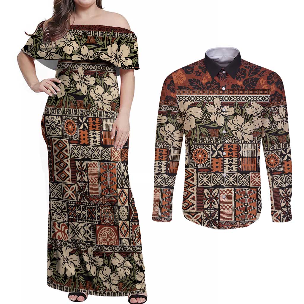 Pacific Hibiscus Tapa Tribal Vintage Couples Matching Off Shoulder Maxi Dress and Long Sleeve Button Shirt Brown Motif LT9 Brown - Polynesian Pride