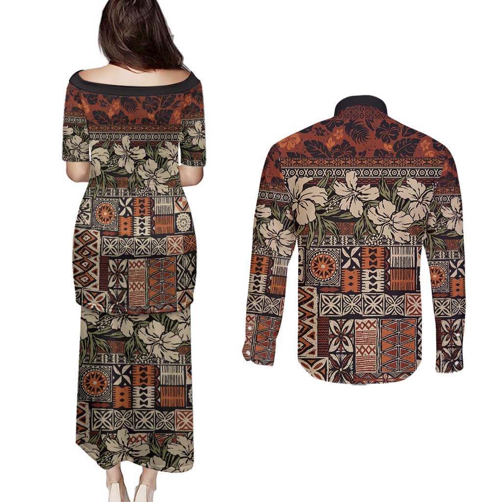 Pacific Hibiscus Tapa Tribal Vintage Couples Matching Puletasi and Long Sleeve Button Shirt Brown Motif LT9 - Polynesian Pride